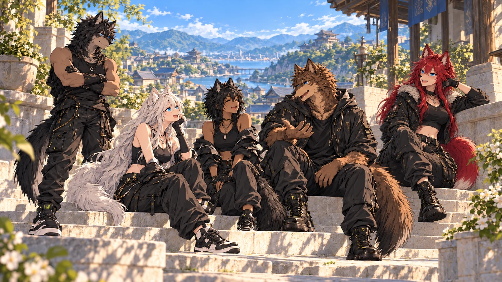 The Pack relaxing together on sunlit stone steps, sharing stories above a mountain town