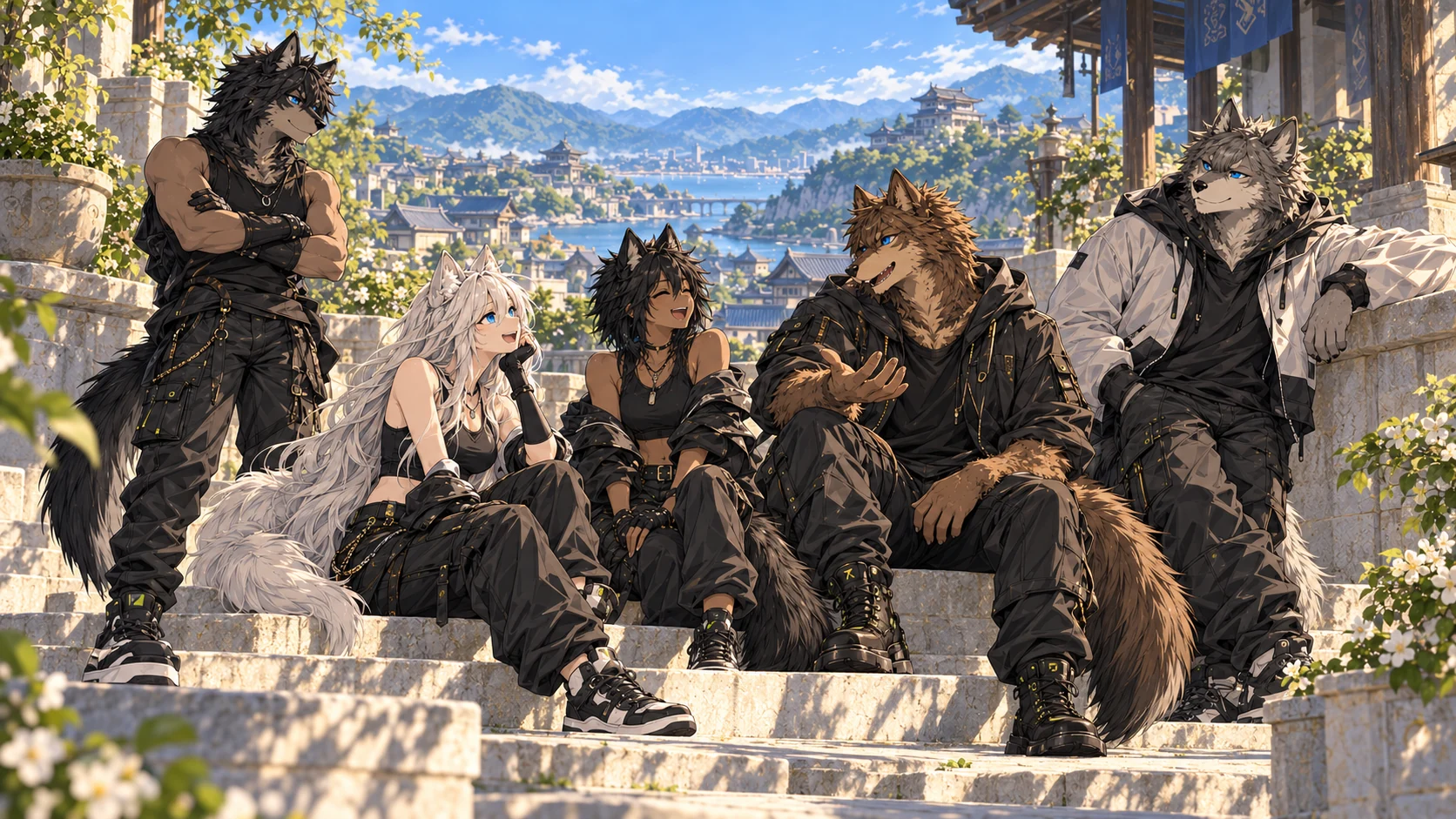 The five Betas share stories and laughter on a sunlit terrace: the silver-haired and black-haired women sit with the brown, charcoal and grey wolves.