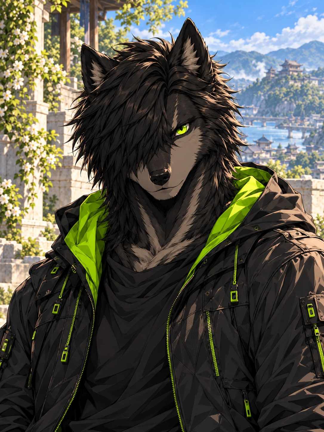 A close portrait of Alpha looking directly at the viewer with his green left eye, his right eye hidden by black hair.
