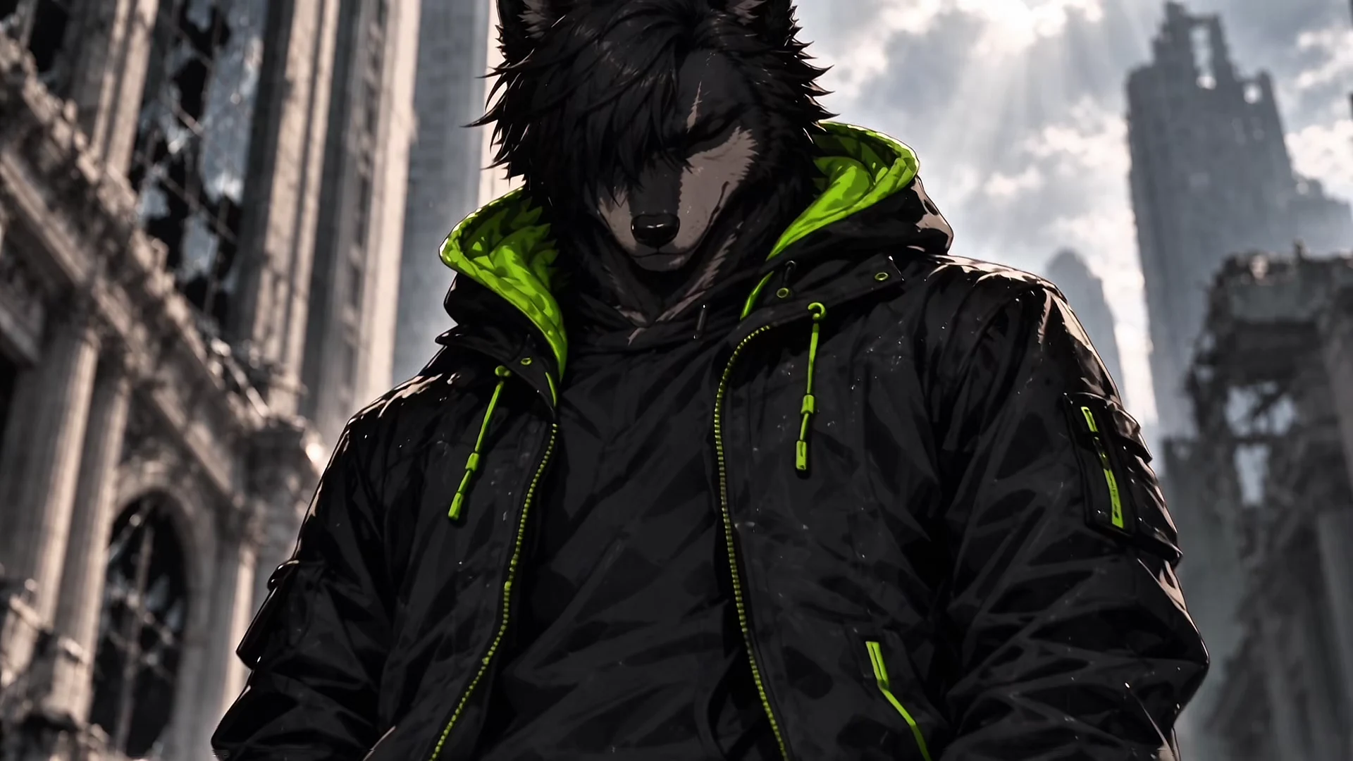 The opening frame of the Brotherhood cinematic: Alpha stands among ruined buildings with his acid-green hood visible.