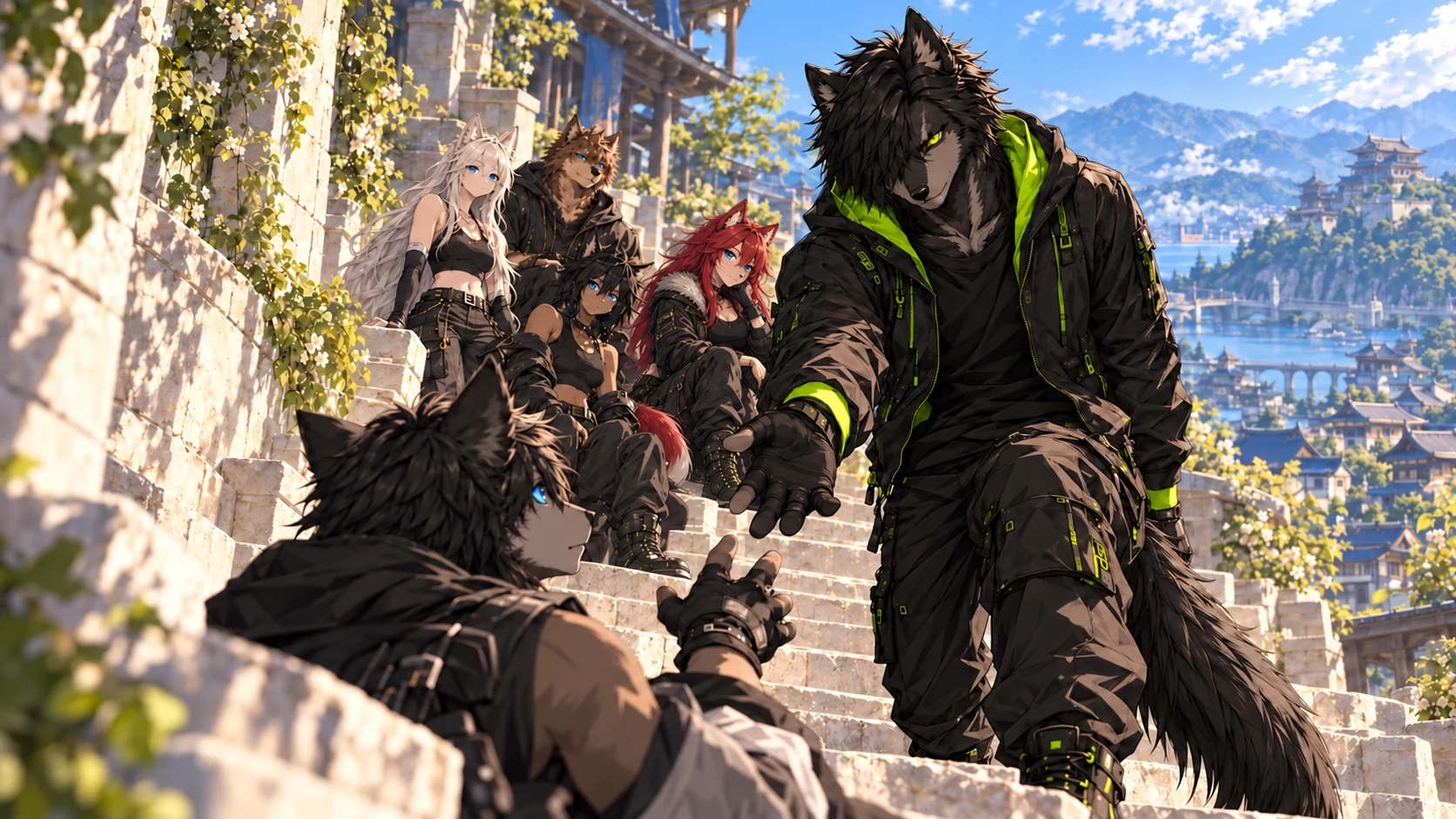 Alpha offers a hand to a wolf on the sunlit steps, with the Pack waiting above