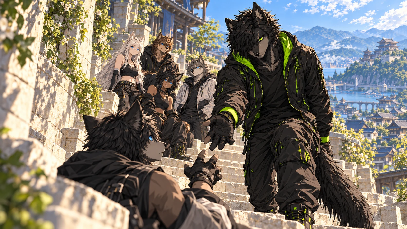 Alpha turns back on sunlit stone steps and offers a hand to a lone blue-eyed wolf while the other four Betas wait nearby.