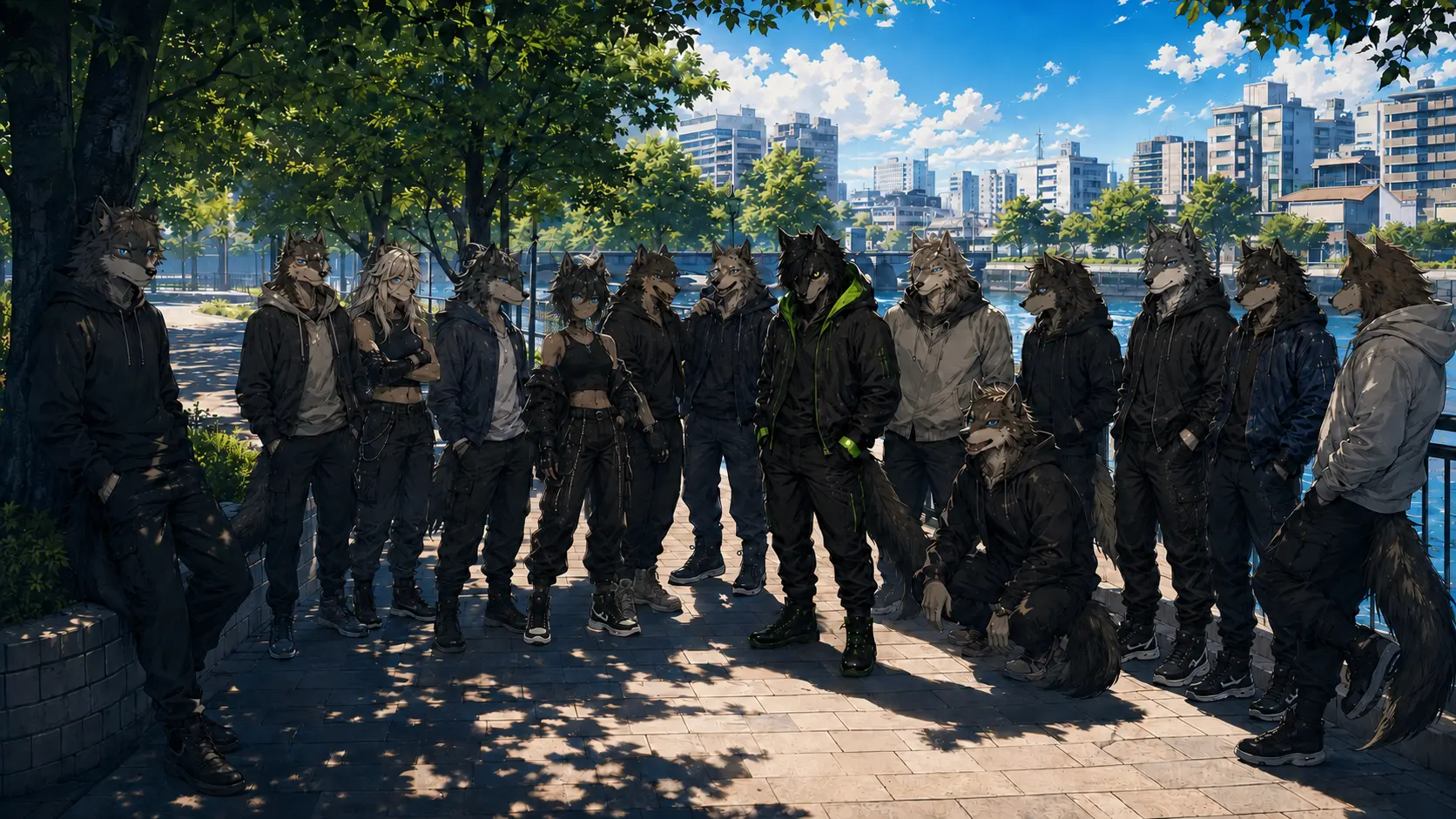 A diverse gathering of blue-eyed wolves, including the distinct silver-haired and onyx-haired female Betas, stands with the Alpha in a bright Japanese riverside plaza.