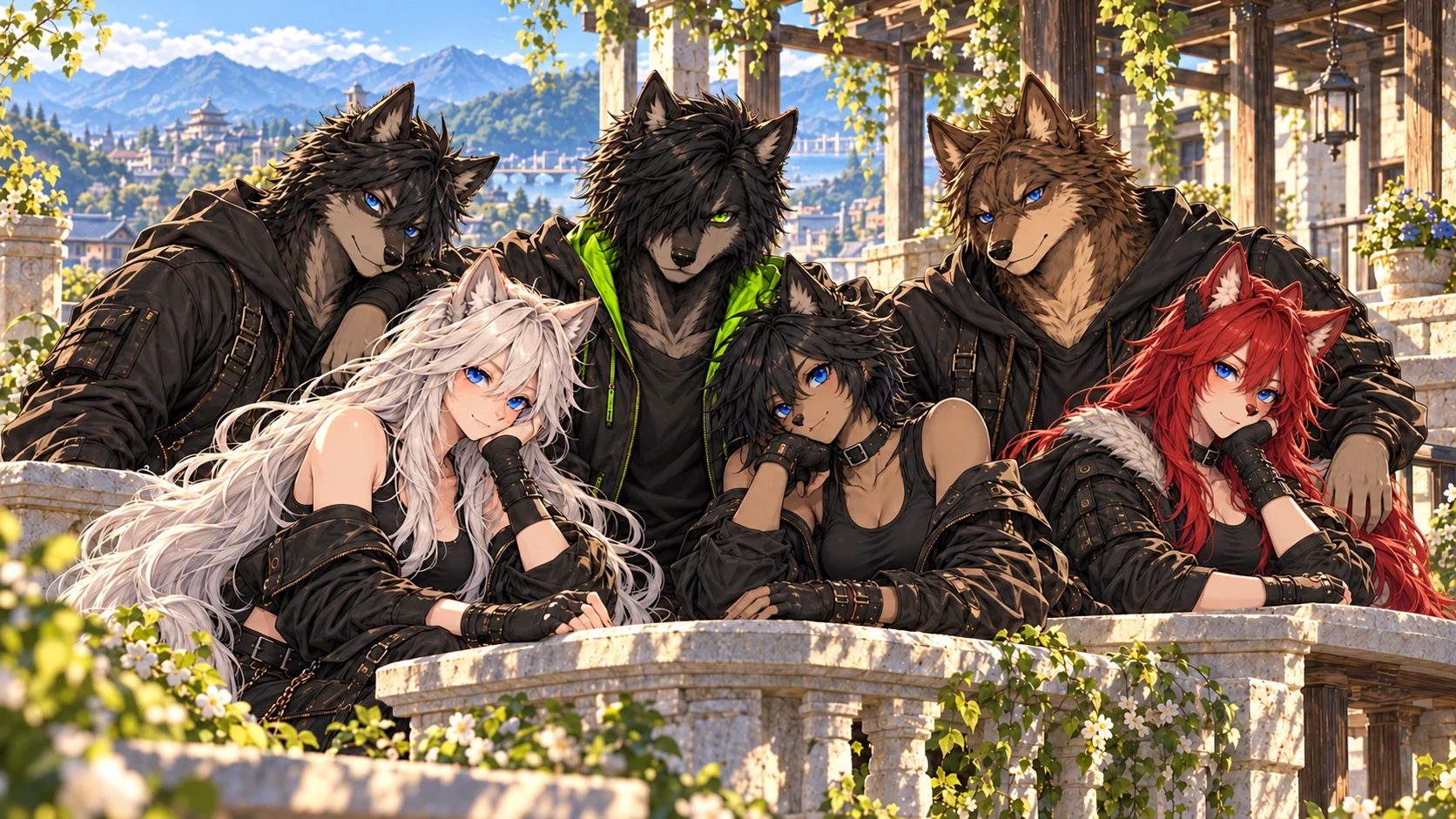 Alpha and five distinct Betas together on a sunlit stone terrace above a river town: silver, black and red-haired female wolves with the three male wolves
