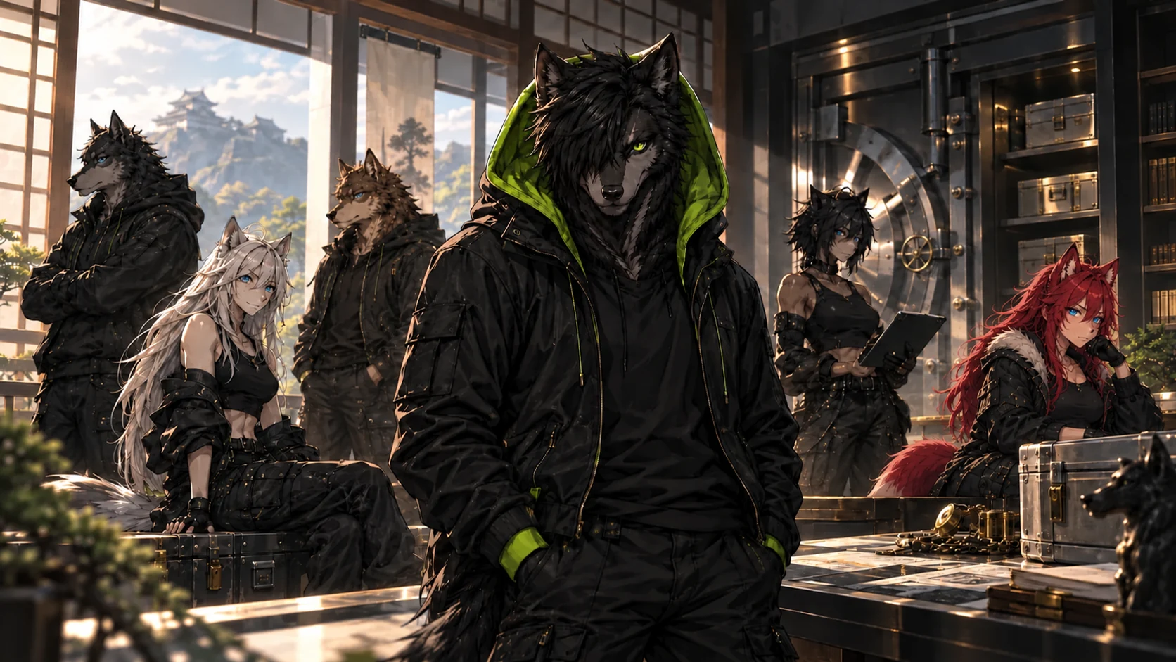 Alpha and five blue-eyed Beta wolves in the vault room, including the red-haired female seated at the table