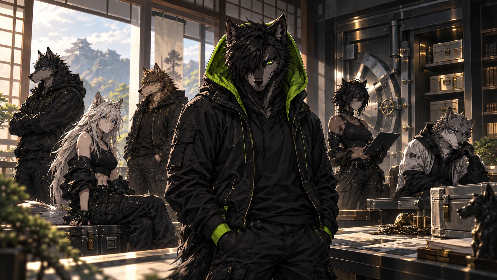 The Alpha stands with the blue-eyed Beta wolves inside a refined strategy room, representing a Brotherhood built on preparation, transparency and visible proof.