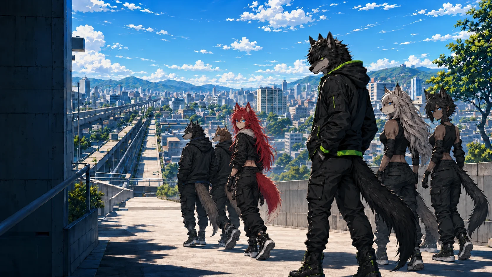 Alpha and the five Betas heading down the steps towards a sunlit city
