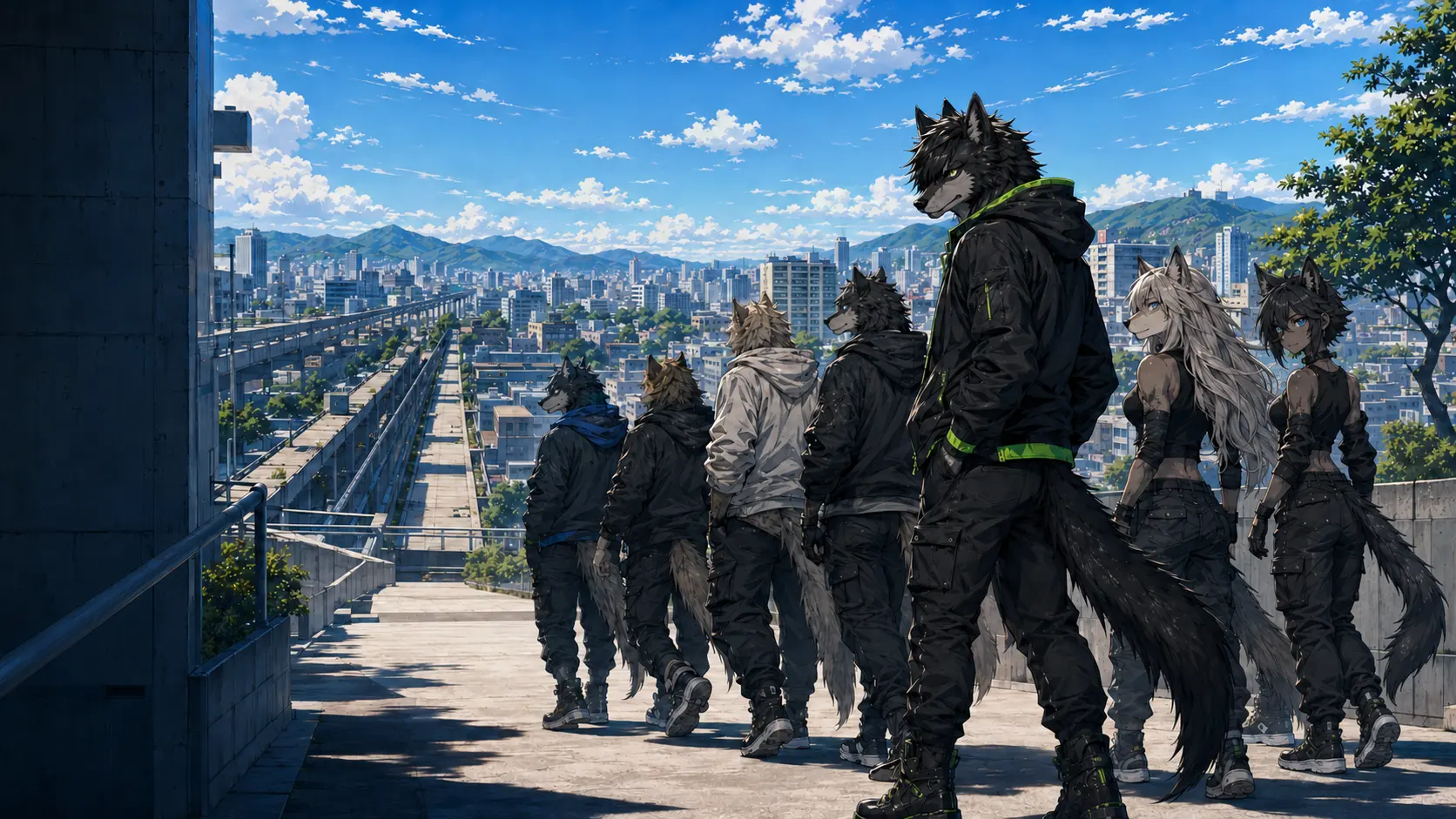 The Alpha and a diverse, balanced group of blue-eyed wolves including both distinct female Betas look across a bright Japanese city toward the road ahead.