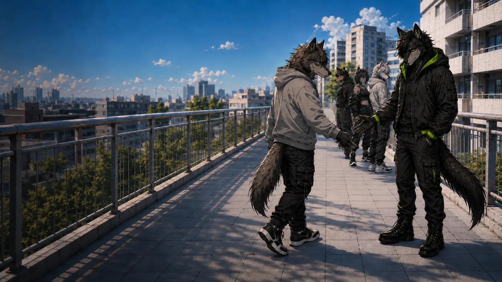 The Alpha turns back and reaches toward a lone blue-eyed wolf while a balanced Pack, including both distinct female Betas, waits ahead on a sunlit Japanese walkway.