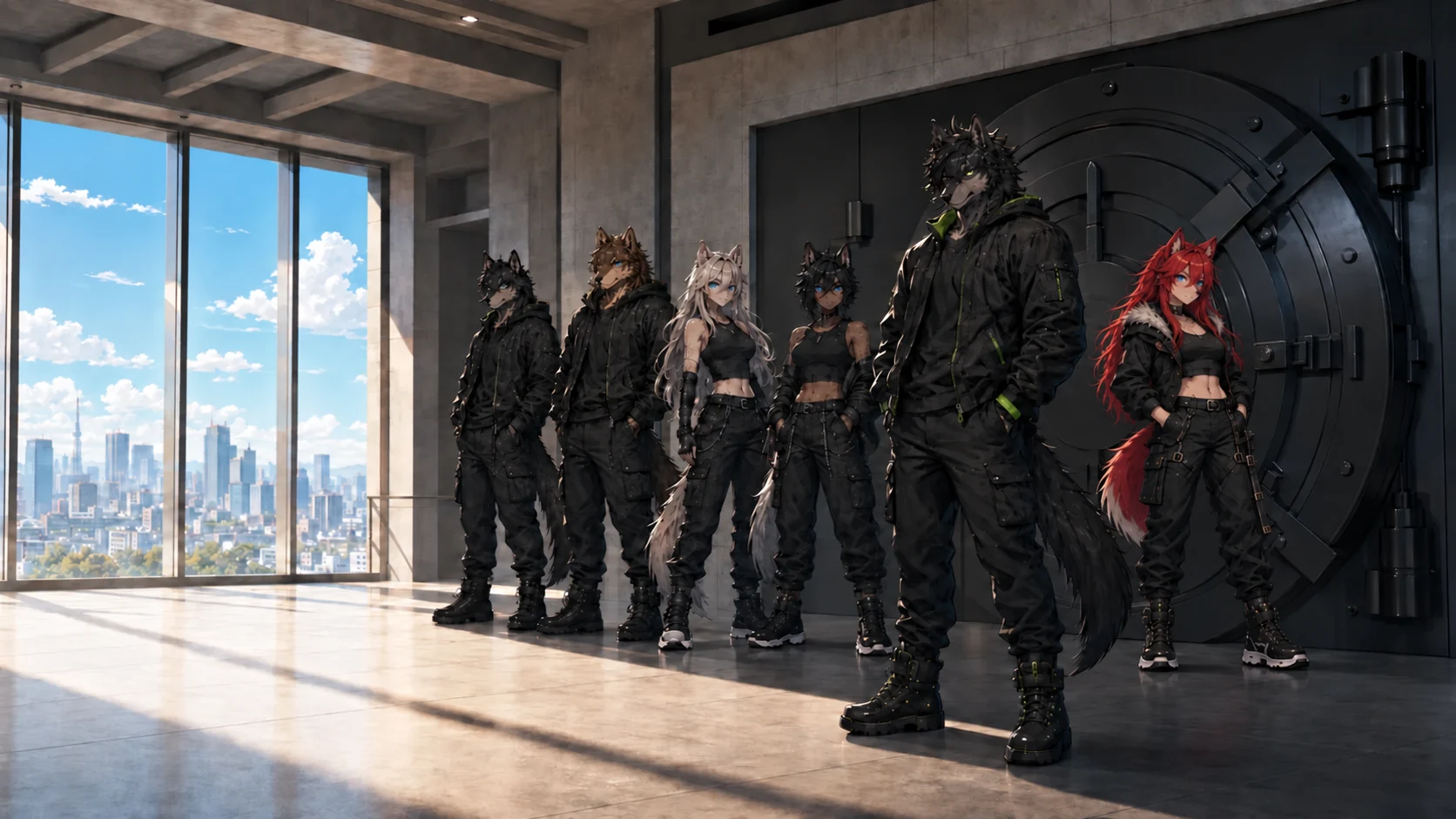 Alpha and the five Betas, including the red-haired female, standing beside the treasury vault