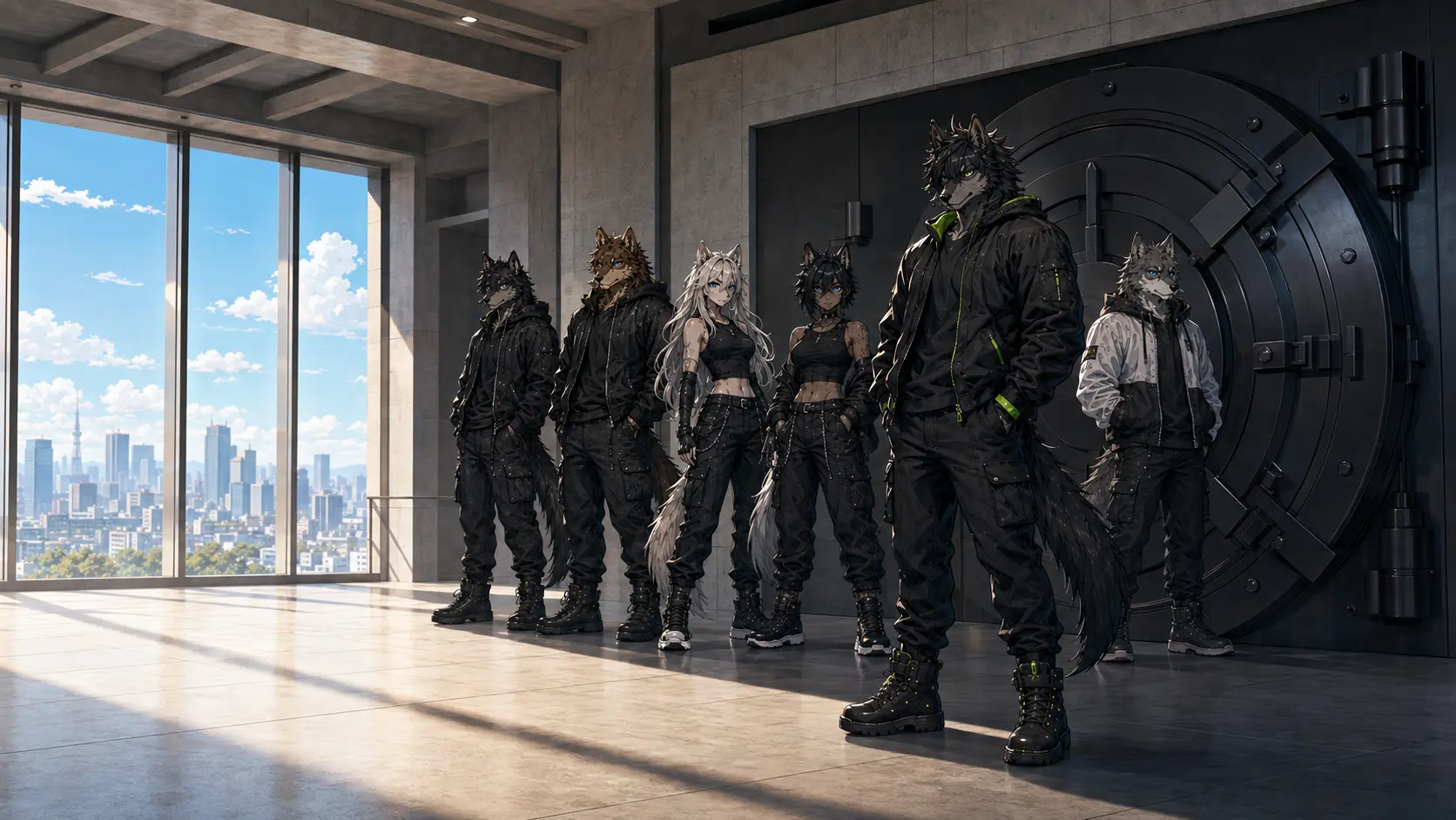 The Alpha guards a secured treasury vault with the five distinct blue-eyed Betas inside a sunlit Japanese strategy hall.