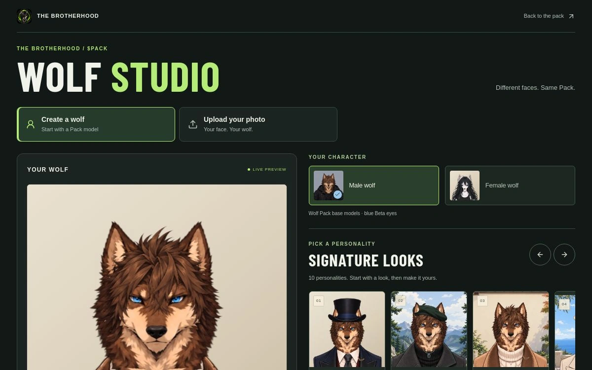 The actual Wolf Studio preset builder: Create a wolf selected, male and female models, a live wolf preview and Signature Looks presets